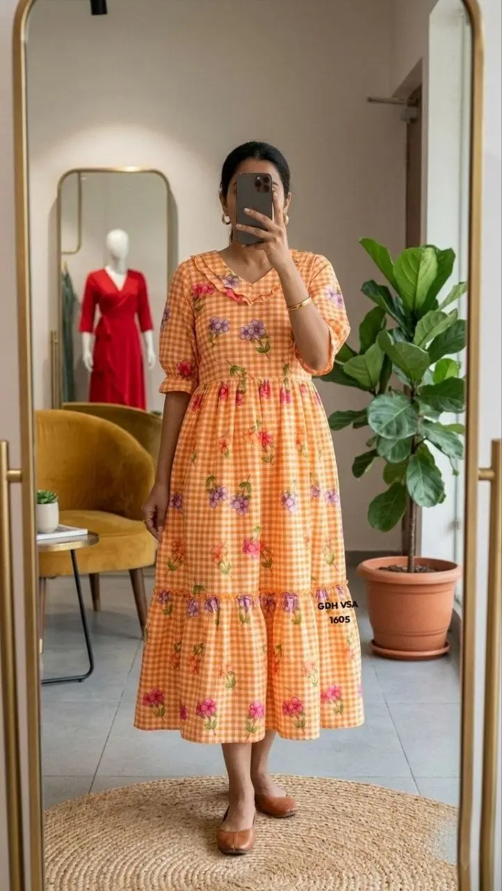 Gingham Floral Cotton Maxi dress - Orange
